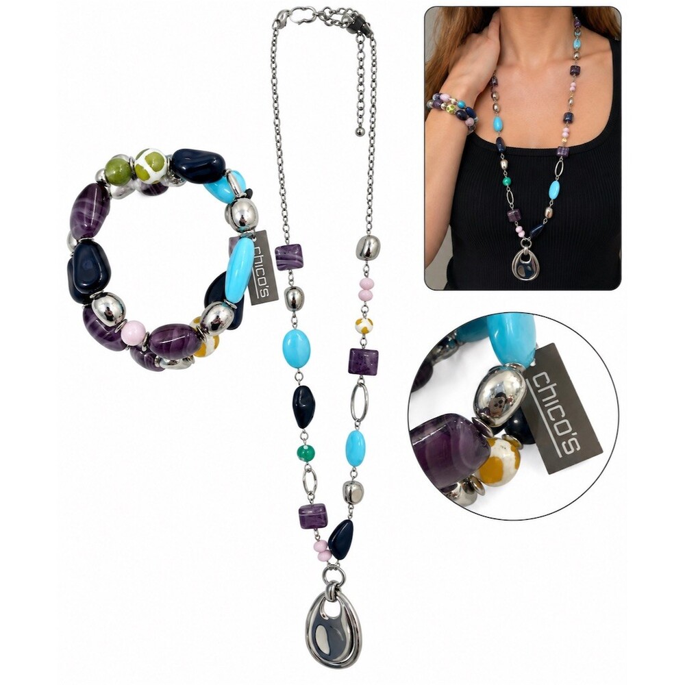 Chico's Jocelyn silver Beaded Necklace Stretch Bracelet Set Pendant blue new